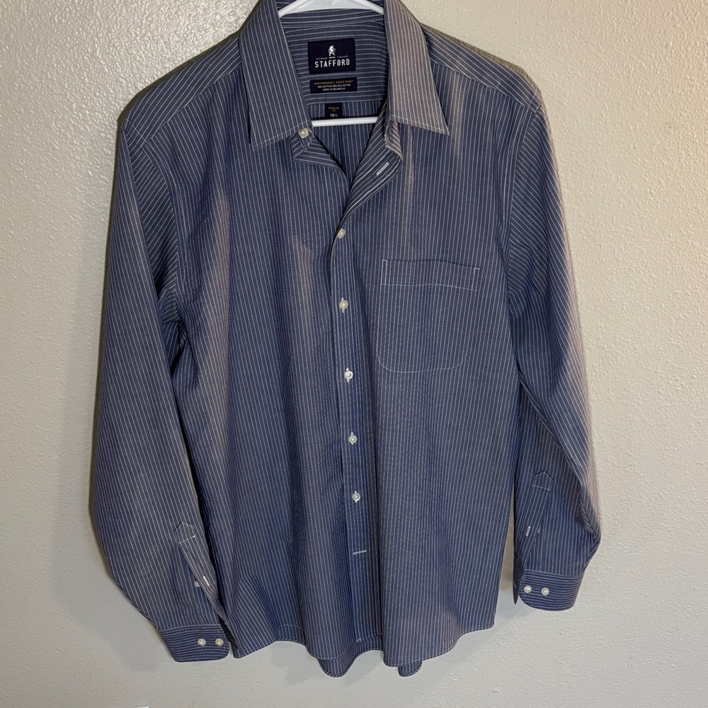 Stafford Men's Navy and White Pinstripe Button-Down Shirt